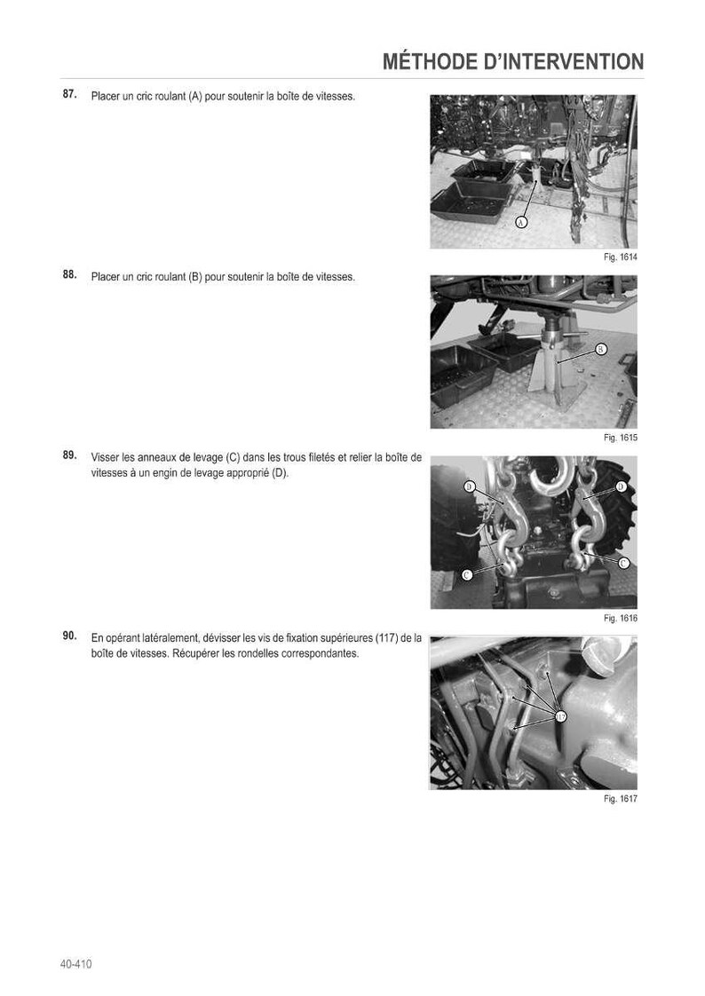 Puede incluir: P&aacute;gina de un manual titulada "M&Eacute;THODE D'INTERVENTION" con diagramas que ilustran los pasos de reparaci&oacute;n de autom&oacute;viles. Las im&aacute;genes muestran varias etapas de trabajo en una caja de cambios de veh&iacute;culo, incluyendo el uso de gatos.