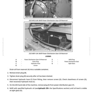 May include: Diagram of machinery components with labels and instructions for refilling the power distribution gear oil reservoir. Includes close-up images of the machinery parts, a legend, and numbered steps for the refill process.