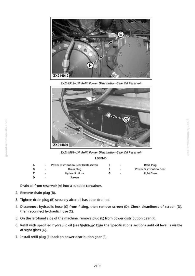 May include: Diagram of machinery components with labels and instructions for refilling the power distribution gear oil reservoir. Includes close-up images of the machinery parts, a legend, and numbered steps for the refill process.