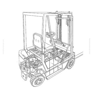 Puede incluir: Dibujo lineal de una carretilla elevadora, que muestra el veh&iacute;culo completo. La imagen incluye el volante, el asiento y el mecanismo de elevaci&oacute;n. El texto "3. Full view of the vehicle" est&aacute; en la parte superior.