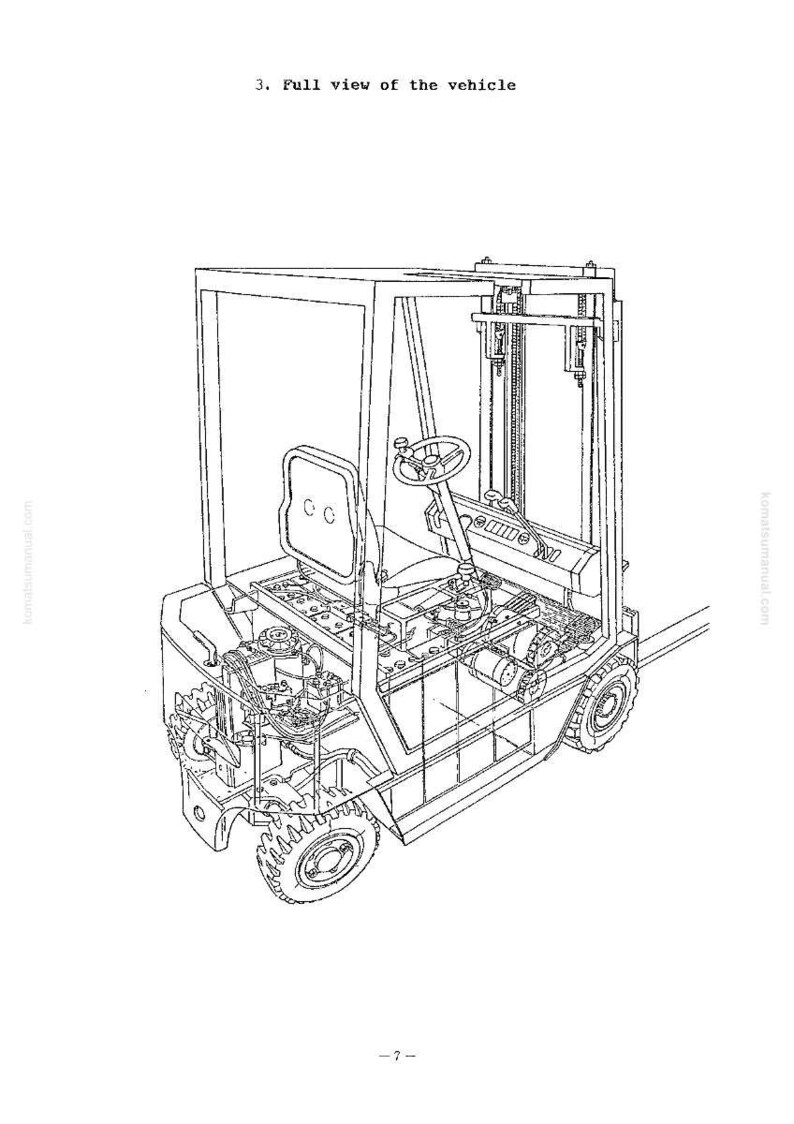 Puede incluir: Dibujo lineal de una carretilla elevadora, que muestra el veh&iacute;culo completo. La imagen incluye el volante, el asiento y el mecanismo de elevaci&oacute;n. El texto "3. Full view of the vehicle" est&aacute; en la parte superior.