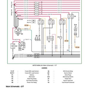 May include: A detailed wiring schematic with labels and diagrams. The diagram includes components like fuses, relays, and a starter motor, with color-coded wires and text labels for each part. The text "Main Wiring Schematic" is at the top.