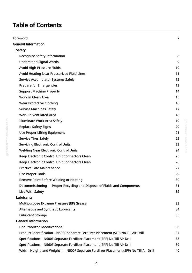 Puede incluir: Una tabla de contenidos impresa, con fondo blanco y texto negro. El t&iacute;tulo "Tabla de Contenidos" est&aacute; en la parte superior, seguido de secciones como "Seguridad" y "Lubricantes". Los n&uacute;meros de p&aacute;gina est&aacute;n a la derecha.