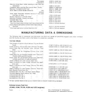 May include: A technical data sheet with service wear limits and manufacturing data for cylinder blocks and liners. Includes measurements in inches and millimeters, with text in black on a white background.