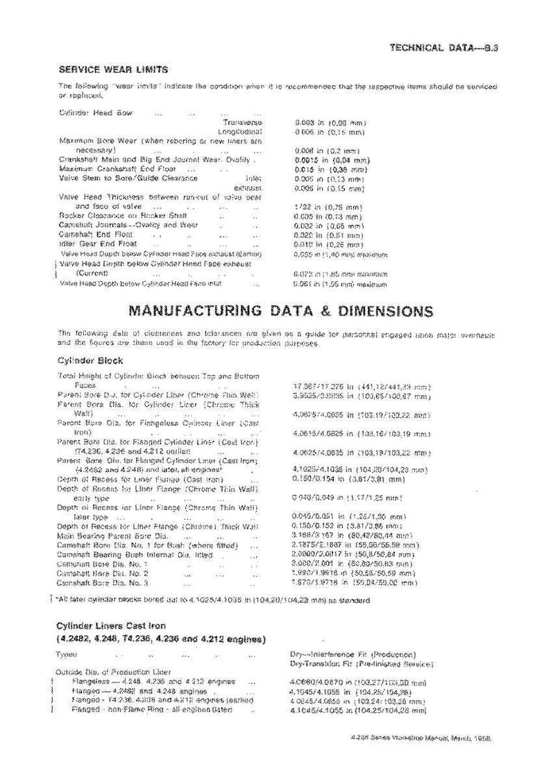May include: A technical data sheet with service wear limits and manufacturing data for cylinder blocks and liners. Includes measurements in inches and millimeters, with text in black on a white background.