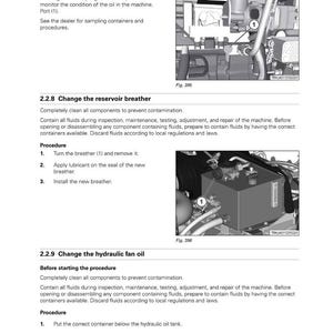 May include: A page from a Fendt tractor manual detailing engine maintenance procedures. The manual includes diagrams and instructions for tasks like changing the reservoir breather and hydraulic fan oil. The text is in English.