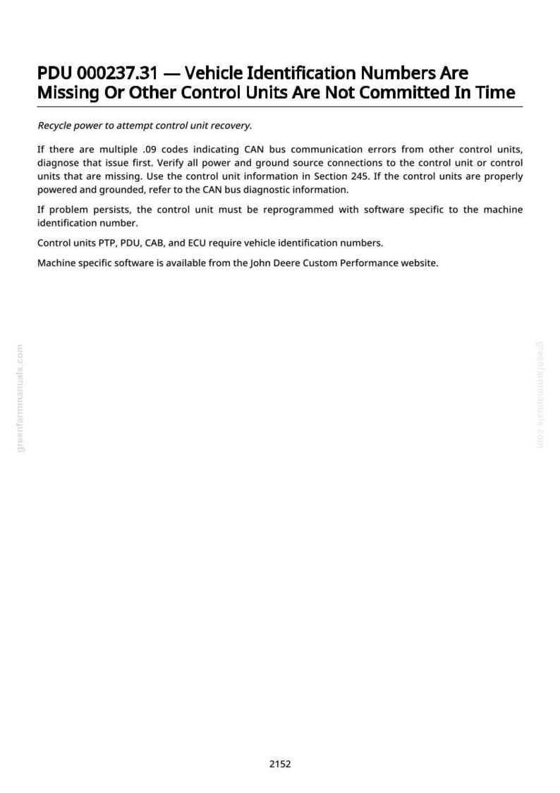 May include: A white document with black text detailing vehicle identification number issues. The document includes instructions for diagnosing and resolving communication errors, referencing control units and software. The text includes the website address greenfarmmanuals.com and the number 2152.