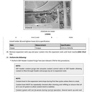 May include: Diagram of a mechanical component with hoses and a holder, labeled A and B. The text includes instructions for installation and specifications, including a torque of 24 N-m (18 lb-ft).