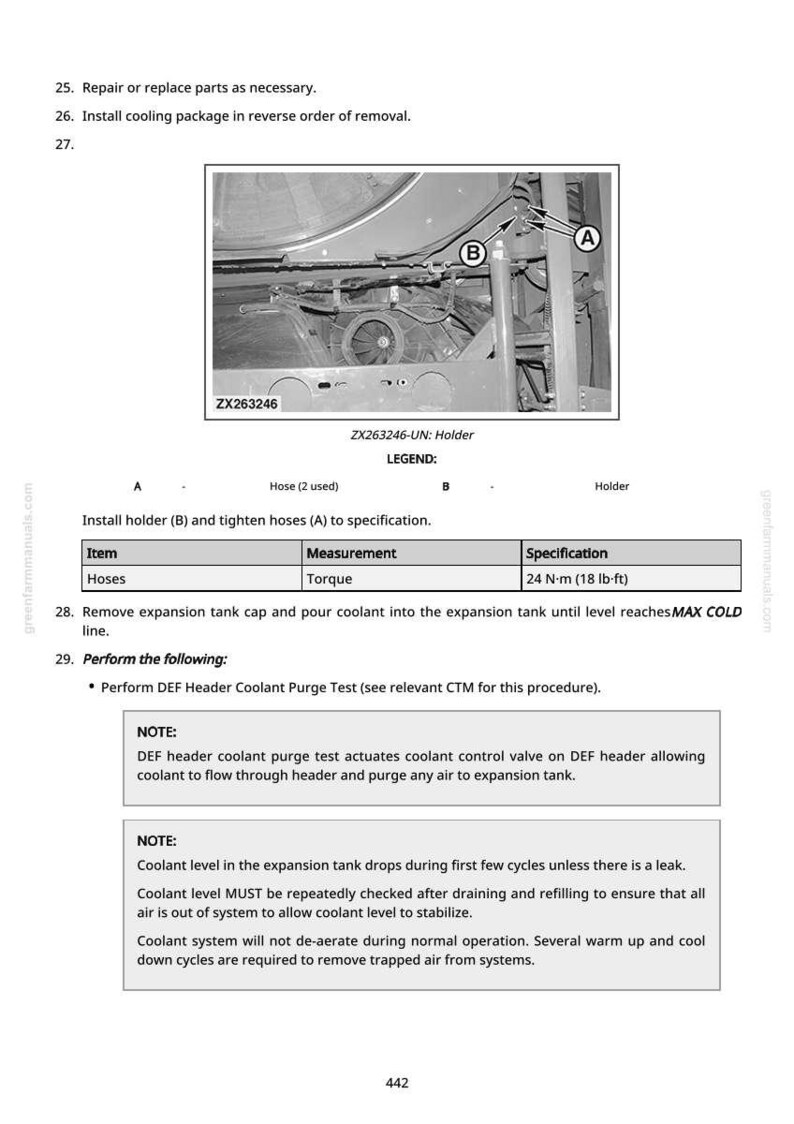 May include: Diagram of a mechanical component with hoses and a holder, labeled A and B. The text includes instructions for installation and specifications, including a torque of 24 N-m (18 lb-ft).