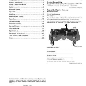 K&ouml;nnte beinhalten: Eine Handbuchseite mit den Titeln "Inhalt" und "Produktidentifikation". Die Seite enth&auml;lt eine Abbildung eines 183 cm Heckauswurf-M&auml;hdecks. Der Text umfasst Produktkompatibilit&auml;t und Identifikationsnummern.