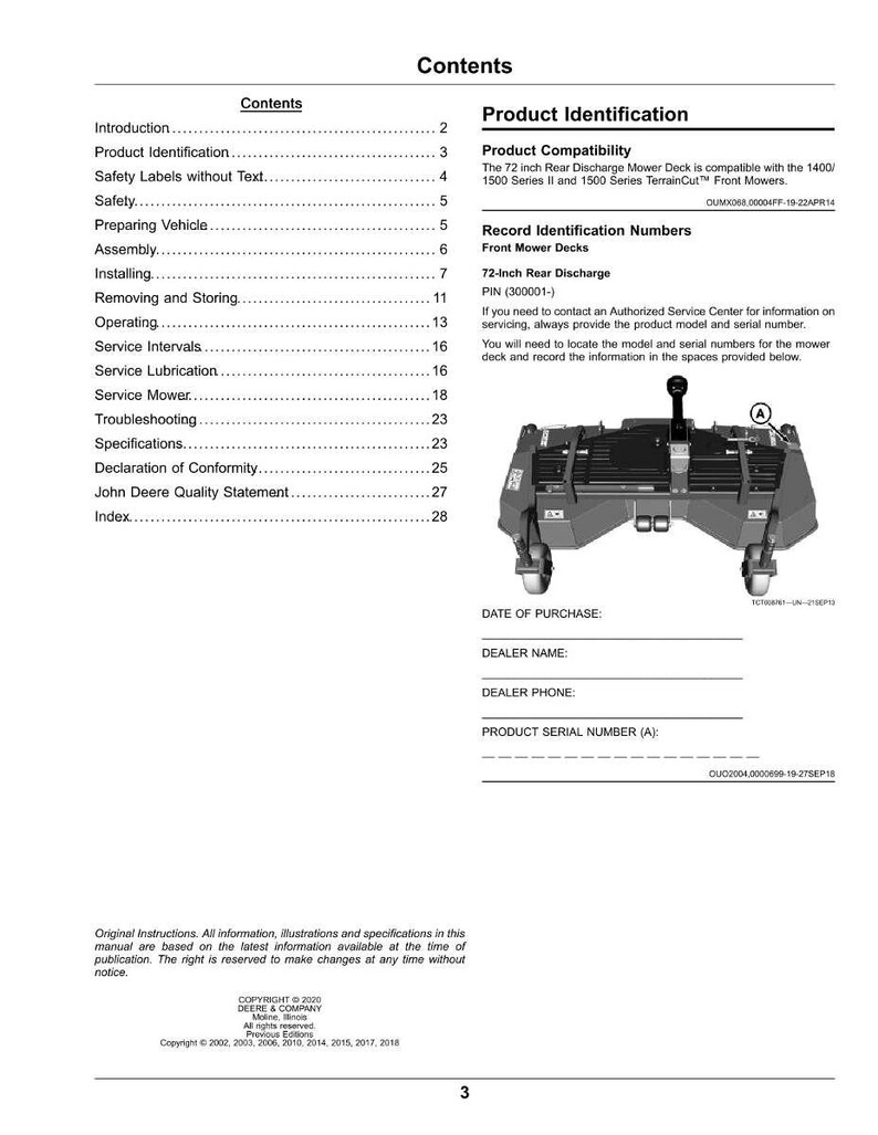 K&ouml;nnte beinhalten: Eine Handbuchseite mit den Titeln "Inhalt" und "Produktidentifikation". Die Seite enth&auml;lt eine Abbildung eines 183 cm Heckauswurf-M&auml;hdecks. Der Text umfasst Produktkompatibilit&auml;t und Identifikationsnummern.