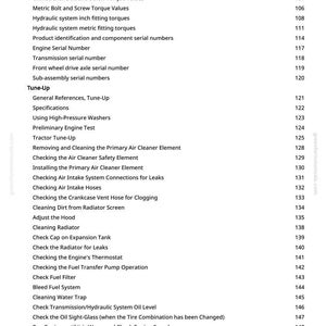May include: A white page with a list of automotive maintenance and repair topics. The text includes topics like "Lubricant Storage", "Tune-Up", and "Checking the Engine's Thermostat". The page numbers are listed on the right side.