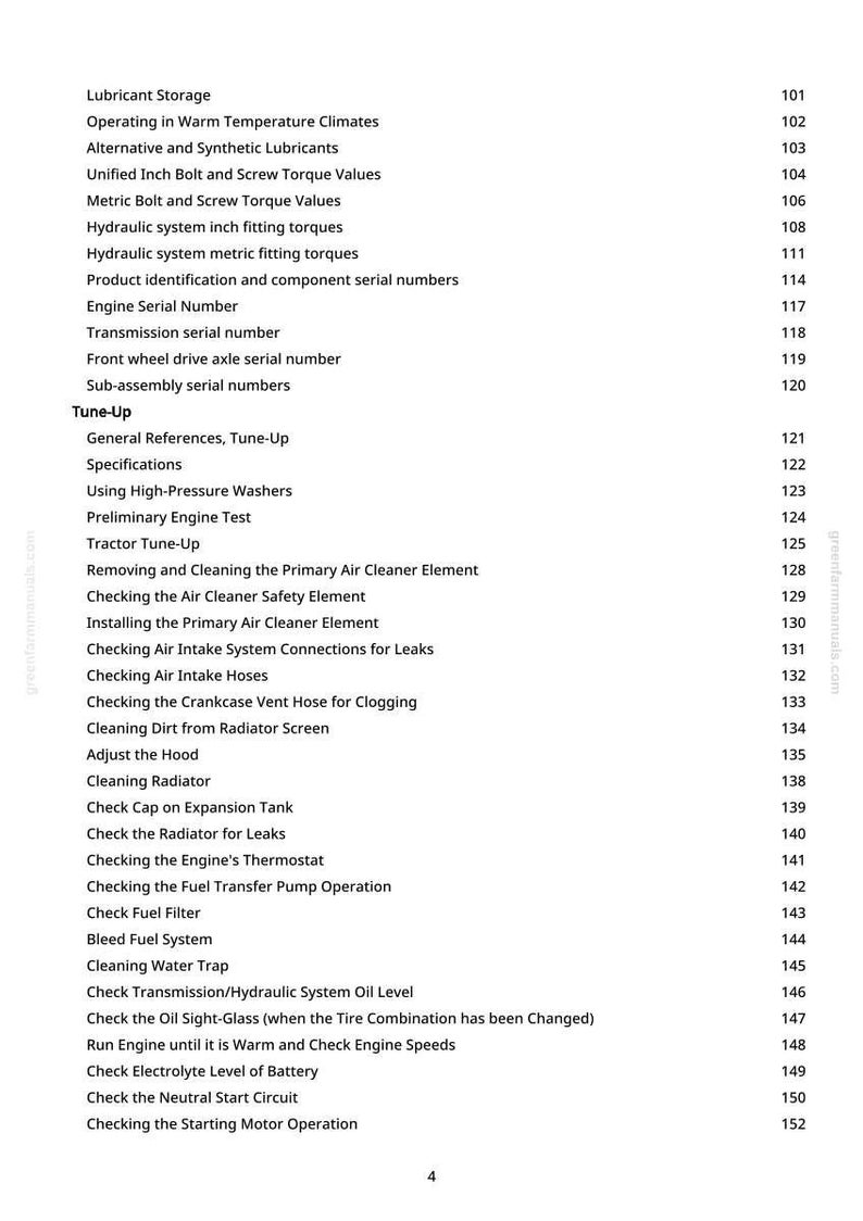 May include: A white page with a list of automotive maintenance and repair topics. The text includes topics like "Lubricant Storage", "Tune-Up", and "Checking the Engine's Thermostat". The page numbers are listed on the right side.