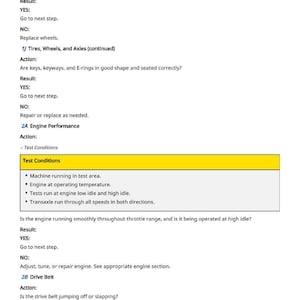 May include: A page from a manual with troubleshooting steps for vehicle maintenance. The text includes sections on tires, wheels, axles, and engine performance, with bullet points and questions.
