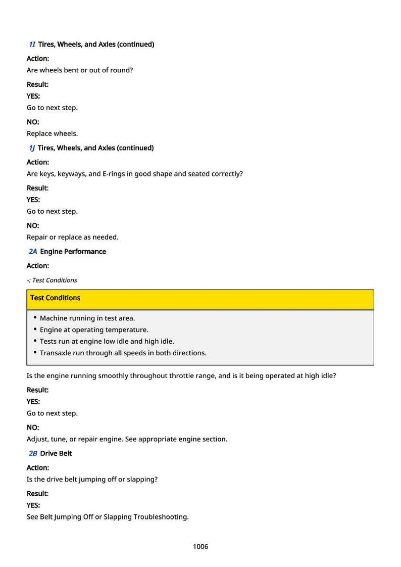 May include: A page from a manual with troubleshooting steps for vehicle maintenance. The text includes sections on tires, wheels, axles, and engine performance, with bullet points and questions.