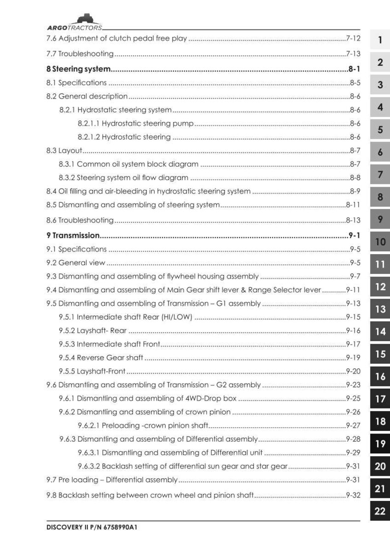 May include: A page from an Argo Tractors Discovery II manual, showing a detailed table of contents. Sections include steering, transmission, and differential assembly, with page numbers. The manual's part number is 6758990A1.