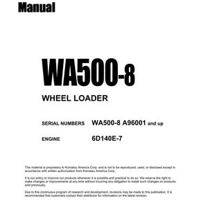 Op de afbeelding: Een witte shop manual cover met de tekst "Shop Manual" bovenaan. De titel "WA500-8 WHEEL LOADER" staat prominent weergegeven. Bevat serienummers en motordetails. Copyright 2017 Komatsu.