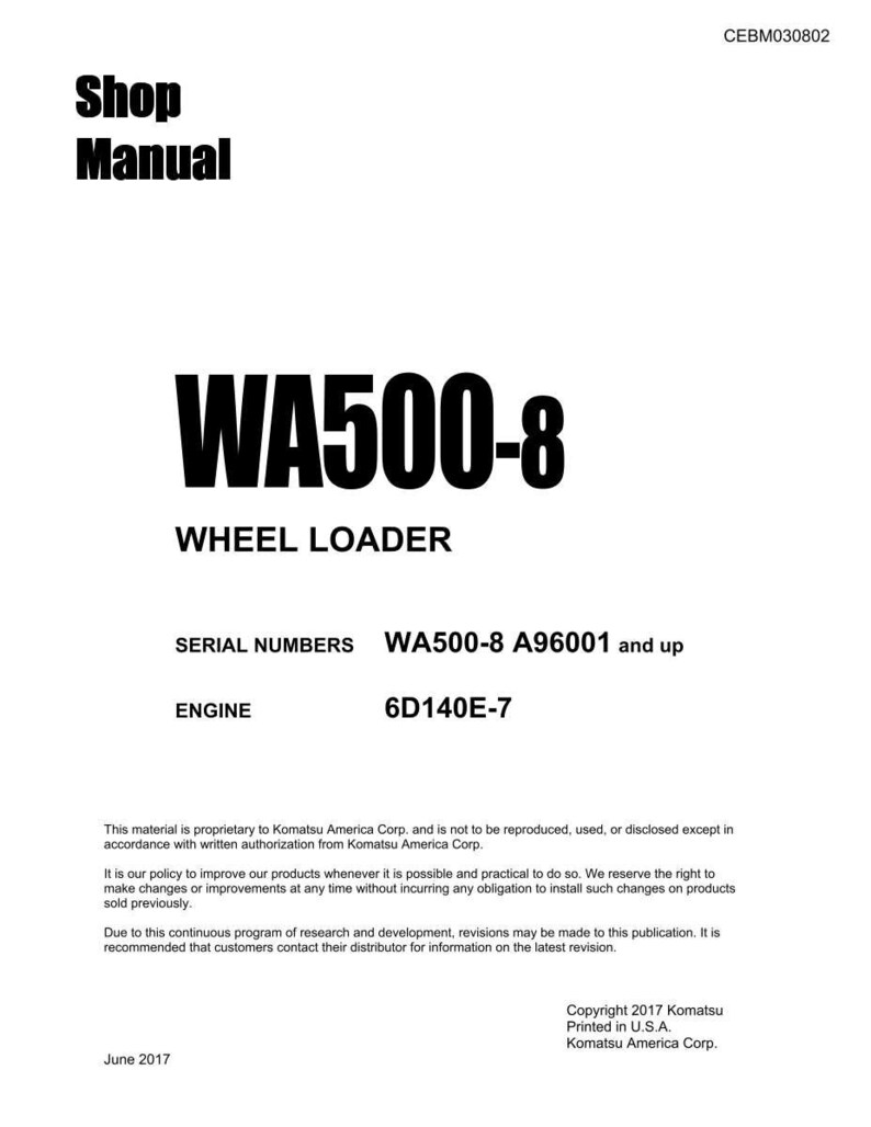 Op de afbeelding: Een witte shop manual cover met de tekst "Shop Manual" bovenaan. De titel "WA500-8 WHEEL LOADER" staat prominent weergegeven. Bevat serienummers en motordetails. Copyright 2017 Komatsu.