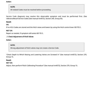 May include: A page from a manual titled "Hitch Remote Control Does Not Work." The text provides troubleshooting steps, including preliminary checks and adjustment of hitch valves. The document includes notes and results.