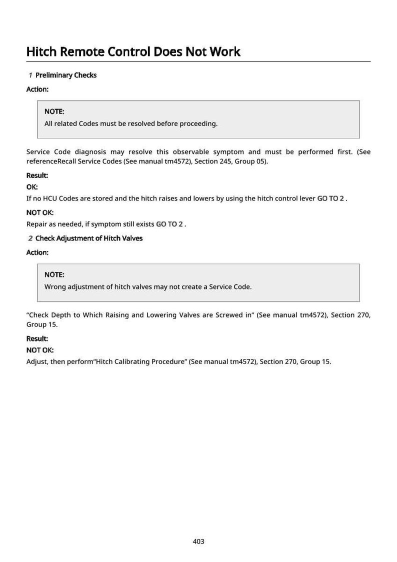 May include: A page from a manual titled "Hitch Remote Control Does Not Work." The text provides troubleshooting steps, including preliminary checks and adjustment of hitch valves. The document includes notes and results.