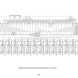 Puede incluir: Un diagrama esquem&aacute;tico el&eacute;ctrico detallado en blanco y negro. El diagrama incluye m&uacute;ltiples componentes, l&iacute;neas y conectores etiquetados, con el texto "A88735-UN: 56 Volt Power Electrical Schematic Type E - W12 - 48r15" en la parte inferior. Tambi&eacute;n est&aacute; presente el n&uacute;mero 832.