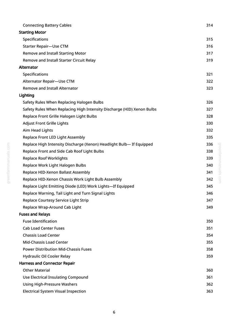 K&ouml;nnte beinhalten: Eine Manuellseite mit einem Inhaltsverzeichnis f&uuml;r Autoreparaturen. Abschnitte umfassen "Anlasser", "Lichtmaschine", "Beleuchtung" und "Sicherungen und Relais". Seitenzahlen sind auf der rechten Seite aufgef&uuml;hrt.