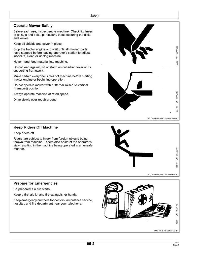 May include: Safety instructions for operating a mower, including illustrations of hand gestures, a person falling, and emergency equipment. Text includes "Operate Mower Safely", "Keep Riders Off Machine", and "Prepare for Emergencies".