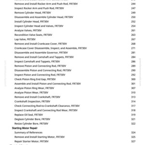 May include: A white page with a list of engine repair procedures, including "Remove and Install Ignition Coil, FR730V" and "Inspect Cylinder Head and Valves, FR730V." The page also includes a website address and page numbers.