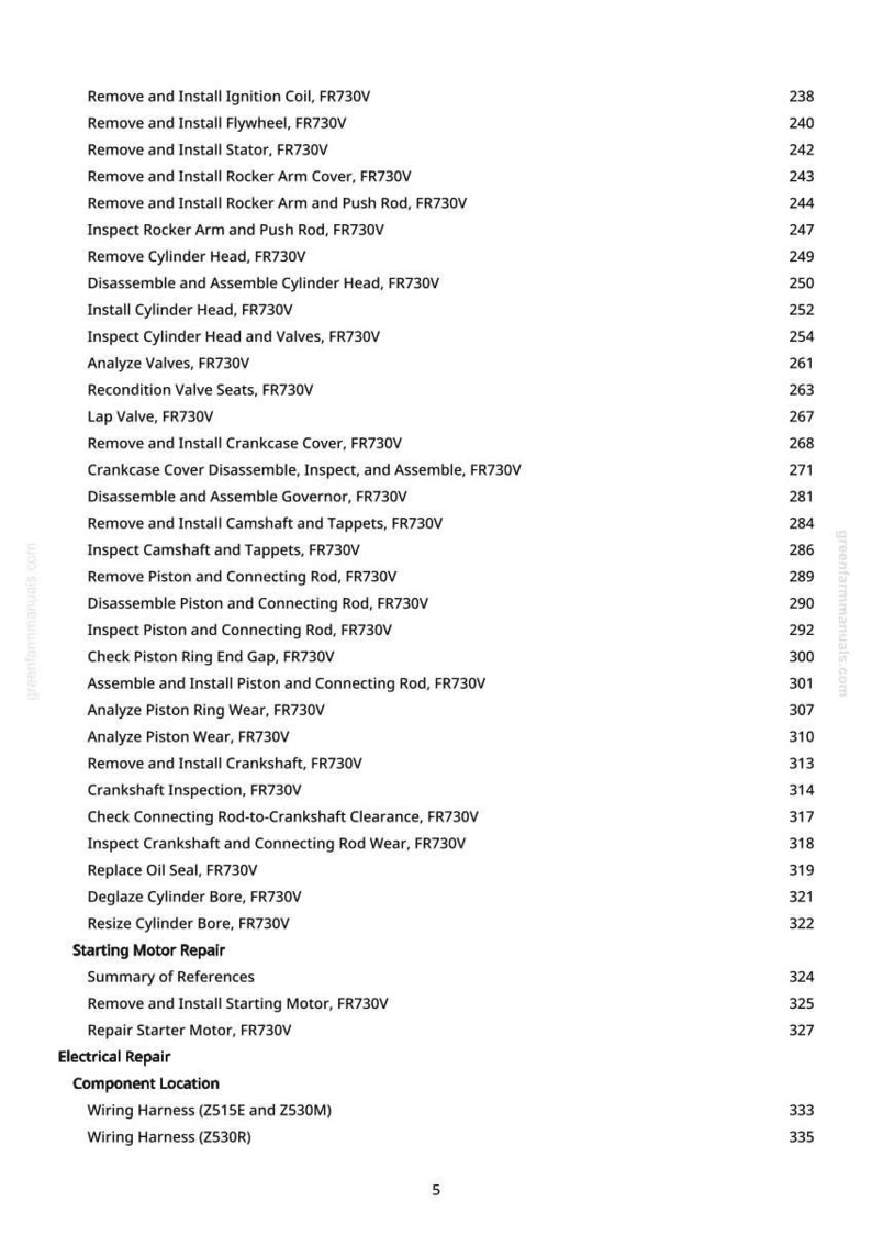 May include: A white page with a list of engine repair procedures, including "Remove and Install Ignition Coil, FR730V" and "Inspect Cylinder Head and Valves, FR730V." The page also includes a website address and page numbers.
