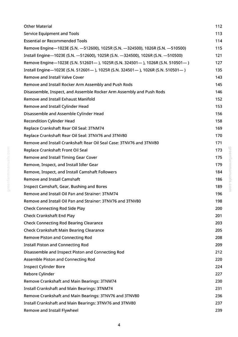 May include: A manual page detailing engine repair procedures. The text lists steps for removing and installing parts like the cylinder head, oil seals, and flywheel. The page is from greenfarmmanuals.com, with measurements in metric.