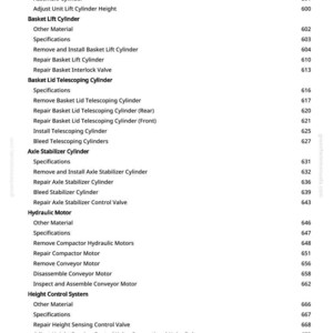 May include: A detailed table of contents from greenfarmmanuals.com, listing various mechanical components and their corresponding page numbers. The text includes terms like "Cylinder," "Motor," and "Valve," suggesting a technical manual.