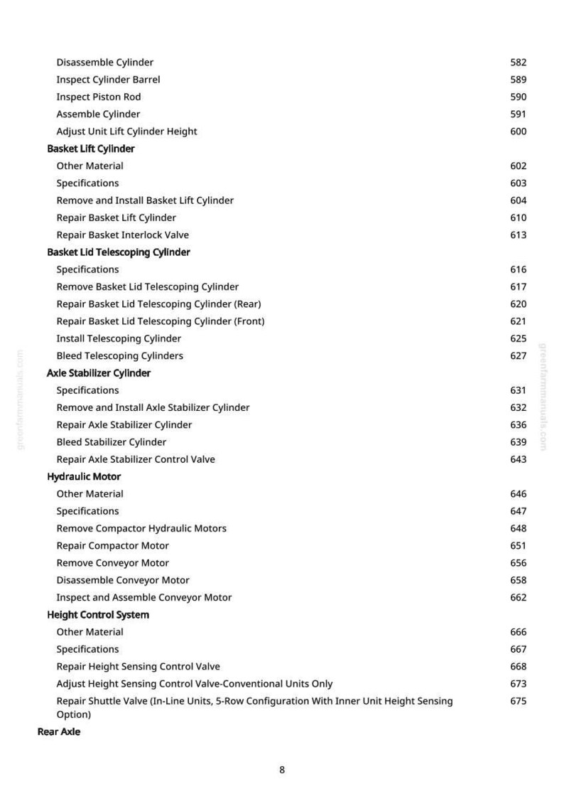 May include: A detailed table of contents from greenfarmmanuals.com, listing various mechanical components and their corresponding page numbers. The text includes terms like "Cylinder," "Motor," and "Valve," suggesting a technical manual.