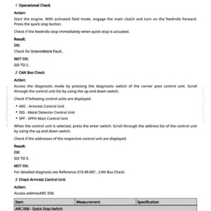 May include: A page from a manual titled "Problem with Quick Stop." The text describes operational checks, CAN bus checks, and armrest control unit checks. Includes a table with item and specification details.