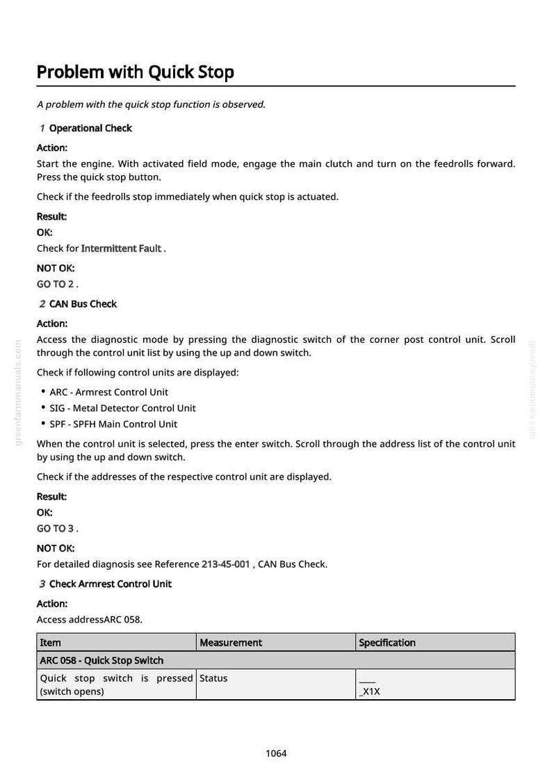 May include: A page from a manual titled "Problem with Quick Stop." The text describes operational checks, CAN bus checks, and armrest control unit checks. Includes a table with item and specification details.