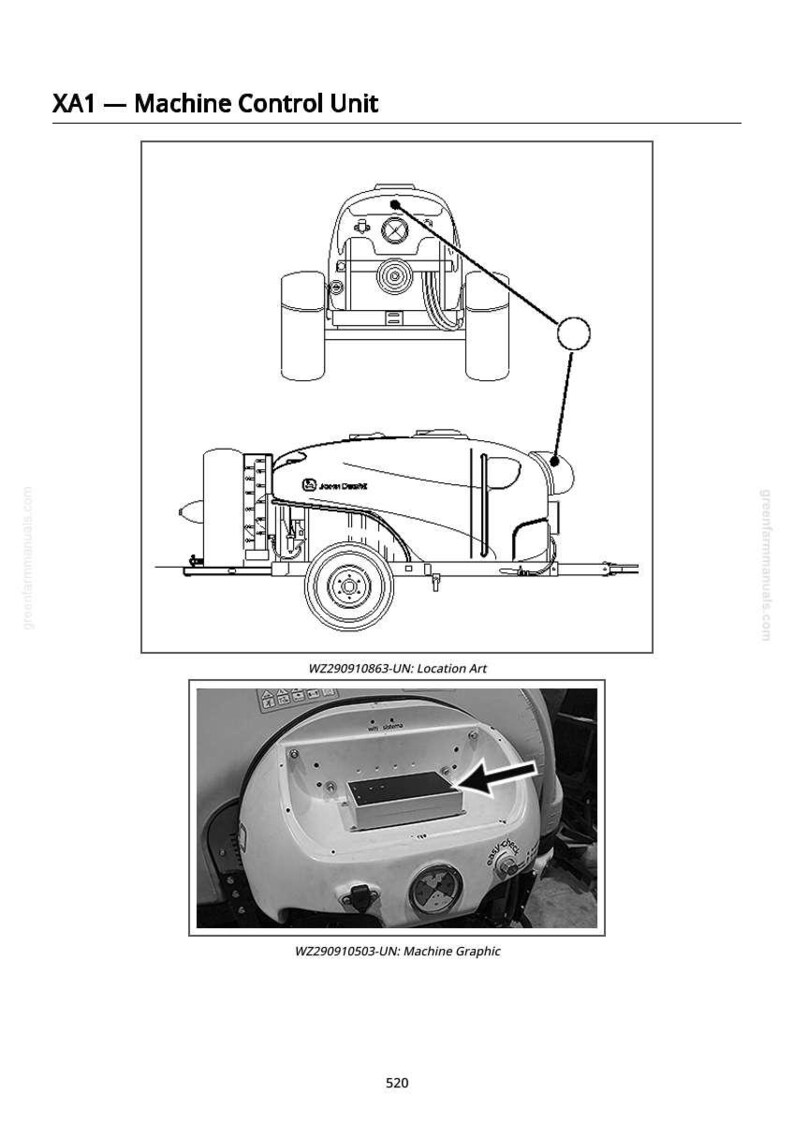 May include: Diagram of a machine control unit, labeled "XA1". The image includes top and side views of the machine, along with a close-up of a component. Text includes "Machine Control Unit" and "John Deere".