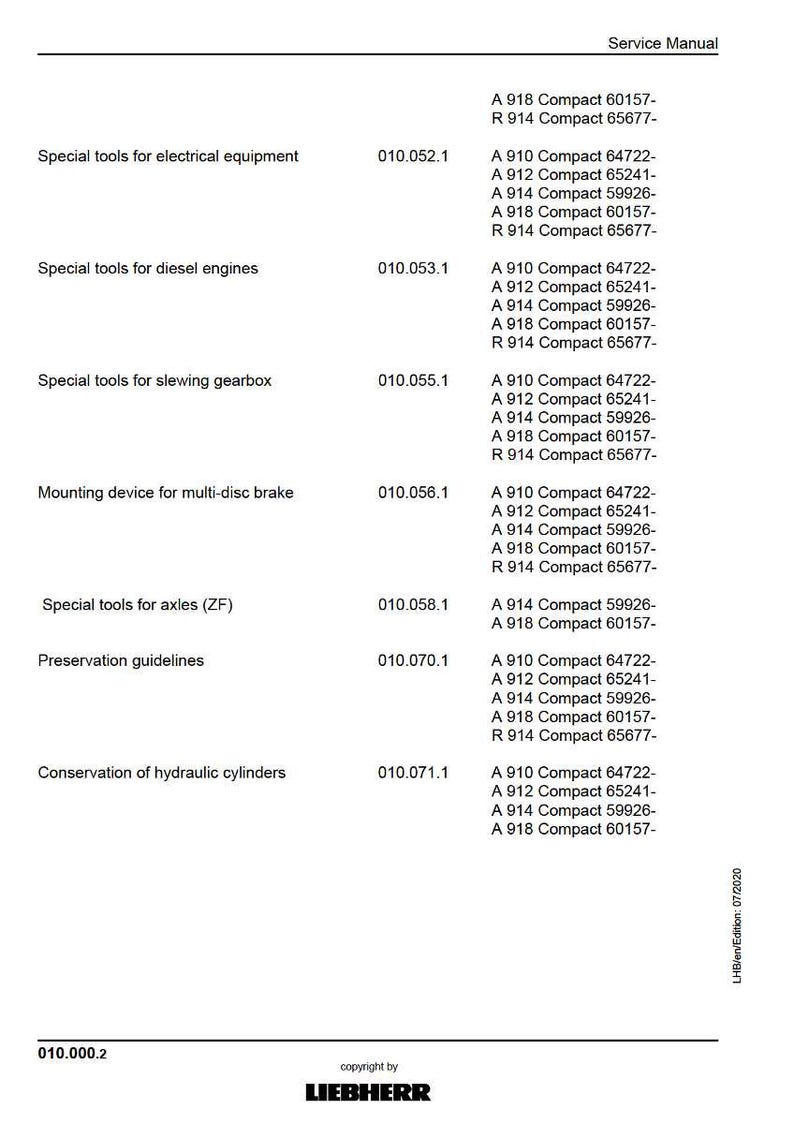 May include: A service manual page with the title "Service Manual" and the copyright by Liebherr. The page lists special tools and guidelines for various equipment, including electrical equipment, diesel engines, and hydraulic cylinders.