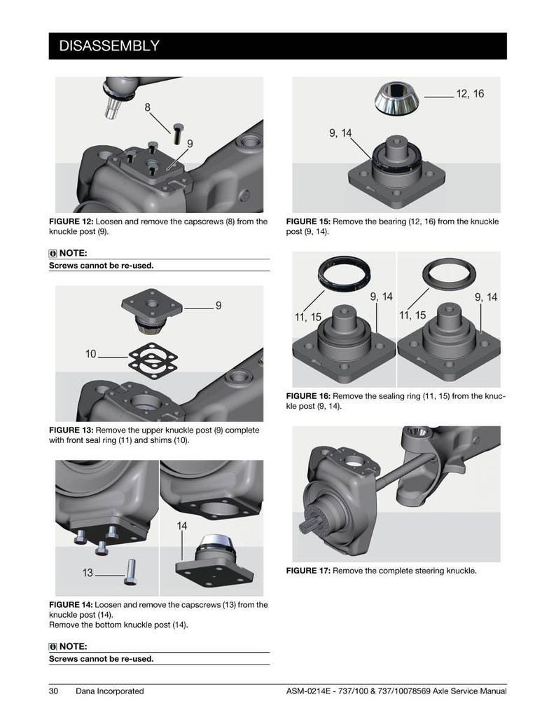 Puede incluir: Diagrama de los pasos de desmontaje del eje de un manual de servicio. Incluye im&aacute;genes de tornillos, pivotes de la mangueta, rodamientos y anillos de sellado. El texto indica pasos como la extracci&oacute;n de tornillos y la mangueta de direcci&oacute;n. El texto tambi&eacute;n incluye una nota sobre los tornillos no reutilizables.