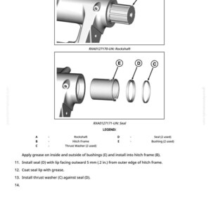 May include: Diagram of mechanical components, including a rockshaft, hitch frame, thrust washer, seal, and bushing. The image includes labels and assembly instructions, with measurements in inches and metric equivalents.