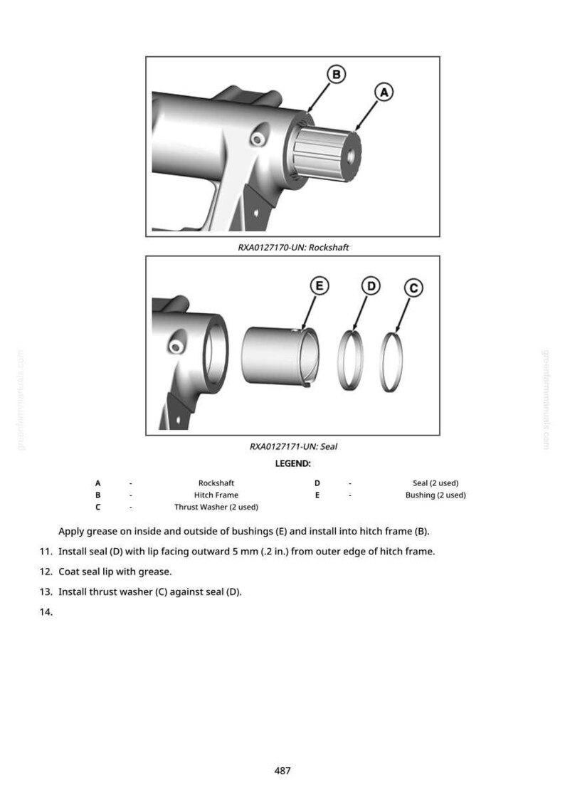 May include: Diagram of mechanical components, including a rockshaft, hitch frame, thrust washer, seal, and bushing. The image includes labels and assembly instructions, with measurements in inches and metric equivalents.