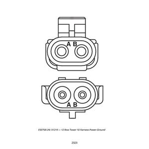 May include: Black and white diagram of two electrical connectors. Each connector has two circular openings labeled "A" and "B". The text "E50758-UN: X1219 - 12 Row Tower 10 Harness Power-Ground" is below the connectors.