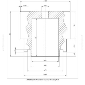 以下が含まれることがあります： ピニオンシャフトシートシール取り付けツールの技術図面。図にはミリメートル単位の寸法が含まれています。ツールは円筒形で、詳細な断面図があります。「Pinion Shaft Seat Seal Mounting Tool」というテキストが上部に表示されています。