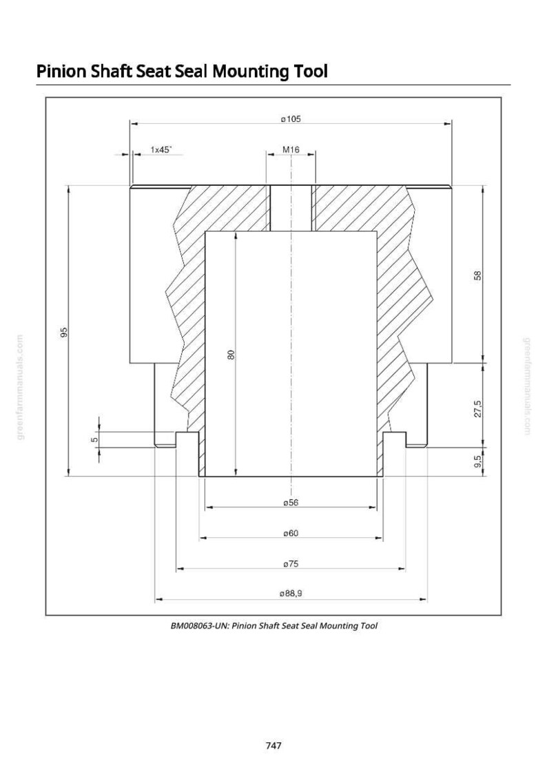 以下が含まれることがあります： ピニオンシャフトシートシール取り付けツールの技術図面。図にはミリメートル単位の寸法が含まれています。ツールは円筒形で、詳細な断面図があります。「Pinion Shaft Seat Seal Mounting Tool」というテキストが上部に表示されています。