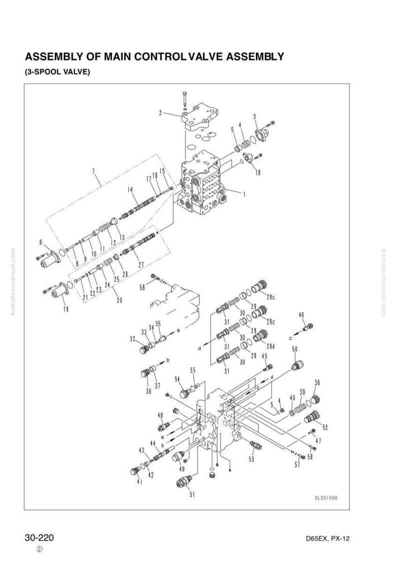 May include: Detailed diagram of a main control valve assembly, labeled as a 3-spool valve. The image is a technical drawing with various components, including bolts, spools, and other mechanical parts. The diagram includes text and numbers for identification.