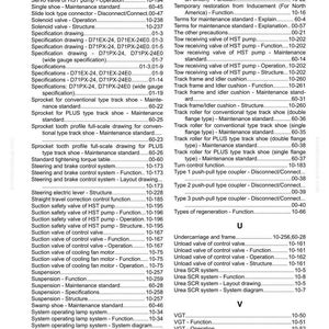 Puede incluir: Una p&aacute;gina de &iacute;ndice de un manual con una tabla de contenidos detallada. El texto incluye varios t&eacute;rminos t&eacute;cnicos y especificaciones relacionados con maquinaria, como v&aacute;lvulas, bombas y sistemas de control. La p&aacute;gina est&aacute; organizada con encabezados y n&uacute;meros de p&aacute;gina.