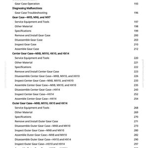 May include: A page from a manual with a table of contents. The text includes sections on gear cases, blade assembly, and other mechanical components. The page numbers are listed on the right.