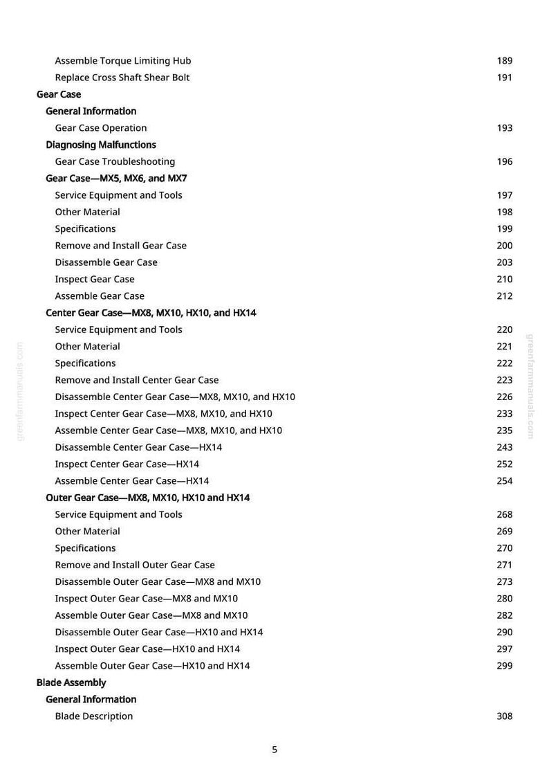 May include: A page from a manual with a table of contents. The text includes sections on gear cases, blade assembly, and other mechanical components. The page numbers are listed on the right.
