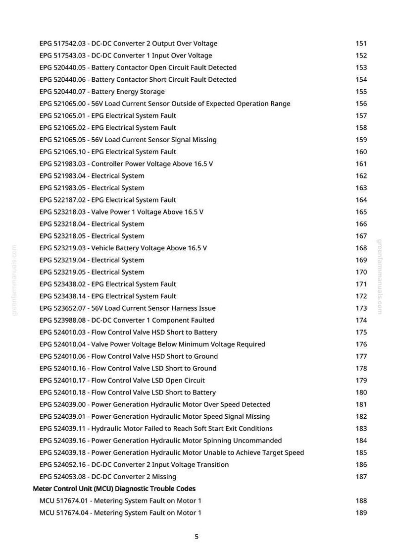 May include: A list of diagnostic trouble codes for a Meter Control Unit (MCU) and EPG electrical system faults. The text includes codes for voltage, sensors, and hydraulic motor issues. The page number is 5.