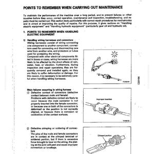 May include: A page from a manual with the title "Points to Remember When Carrying Out Maintenance." It includes diagrams of electrical connectors and text explaining wiring harness maintenance and troubleshooting.