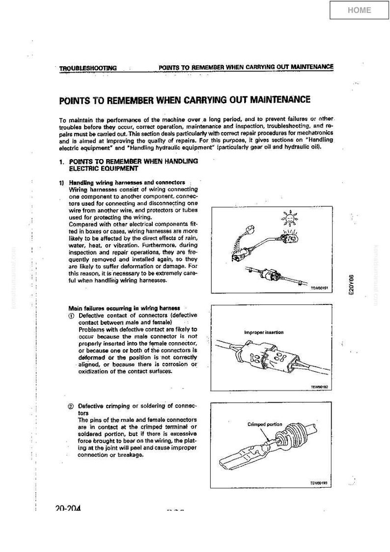 May include: A page from a manual with the title "Points to Remember When Carrying Out Maintenance." It includes diagrams of electrical connectors and text explaining wiring harness maintenance and troubleshooting.