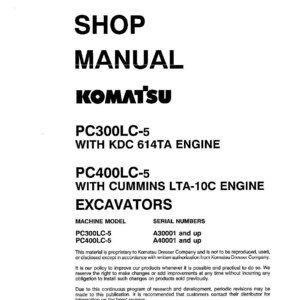 May include: A white shop manual with black text. The manual is for Komatsu excavators, including PC300LC-5 and PC400LC-5 models. The document includes engine specifications and serial numbers. The document is dated August 1995.